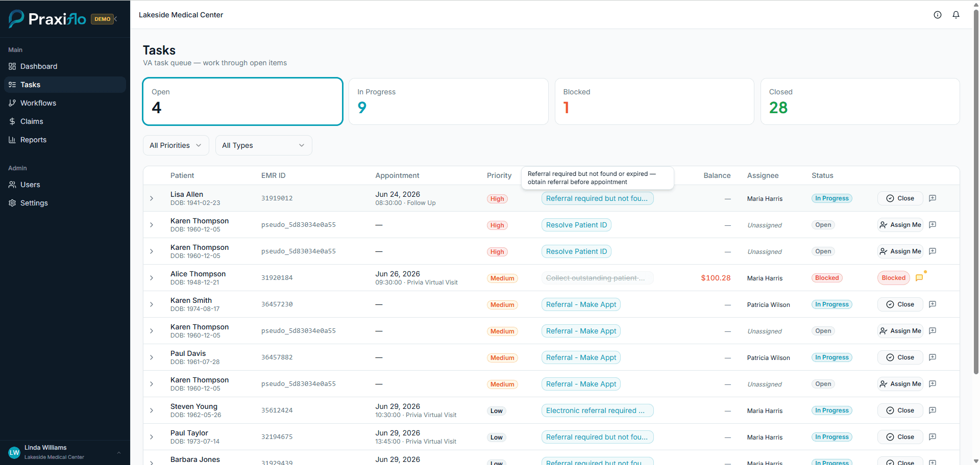 Praxiflo task dashboard showing VA task queue with open, in-progress, and closed task counts